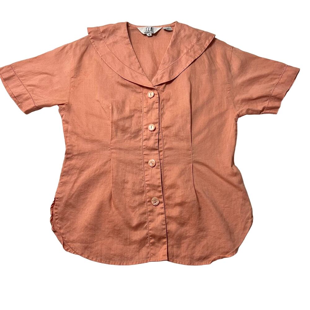 S.L.B. 100% Linen Short Sleeve V-Neck Button Down Shirt Size Small *TINY FLAW*
